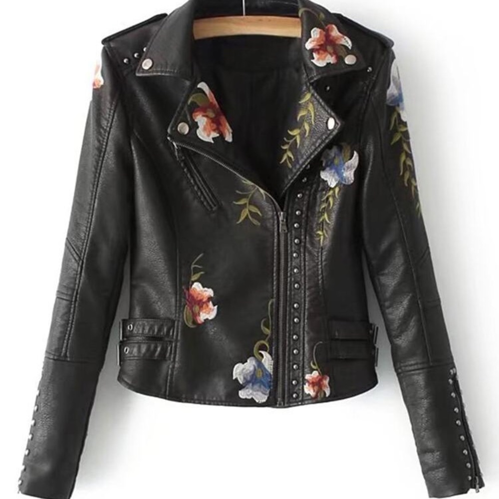 New Faux Leather Floral Embroidered Moto Jacket